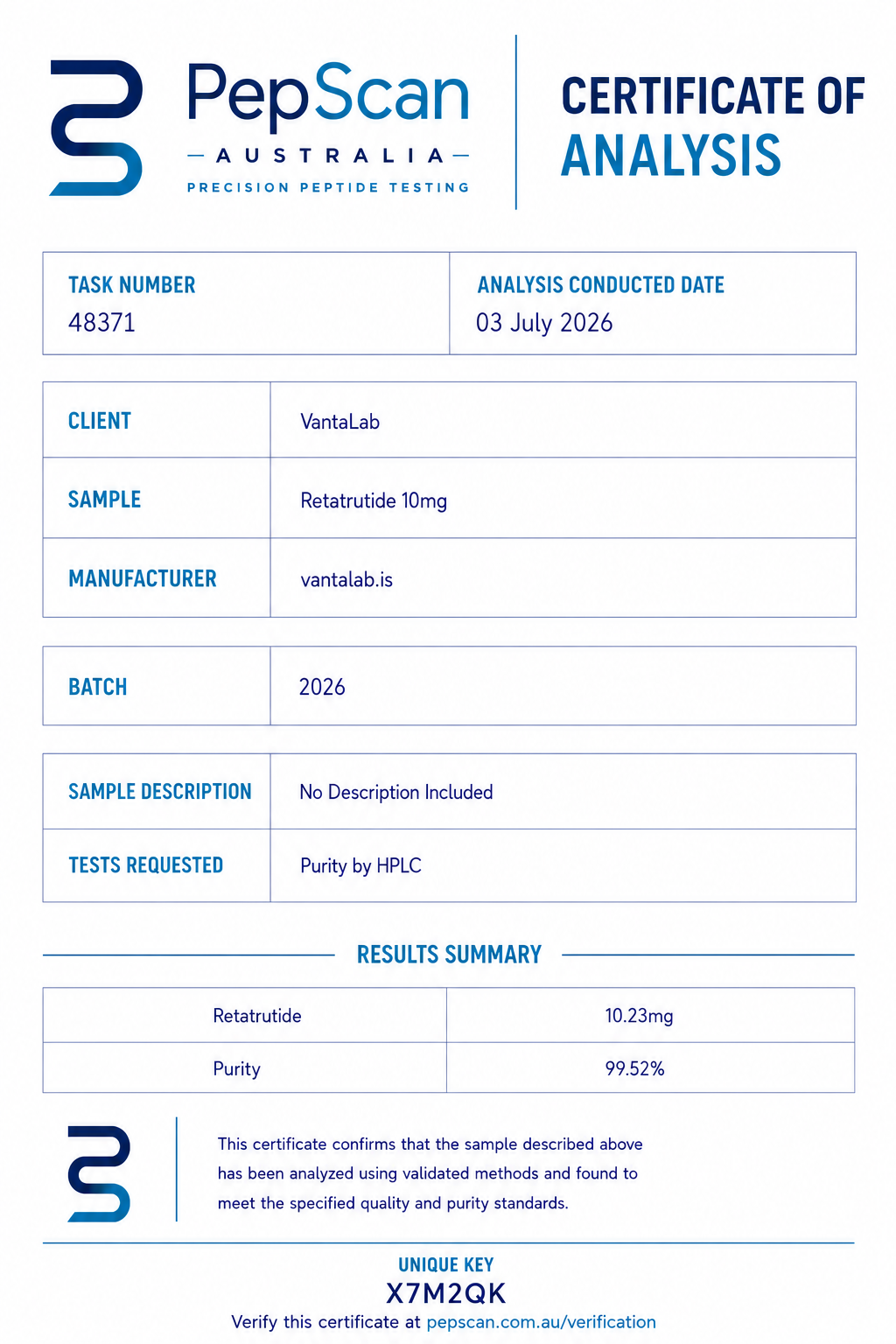 Certificate of Analysis for Retatrutide 10mg