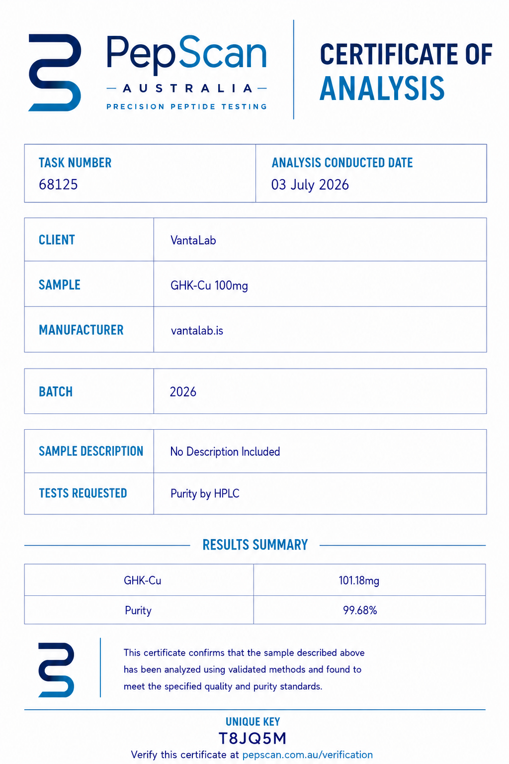 Certificate of Analysis for GHK-Cu 100mg