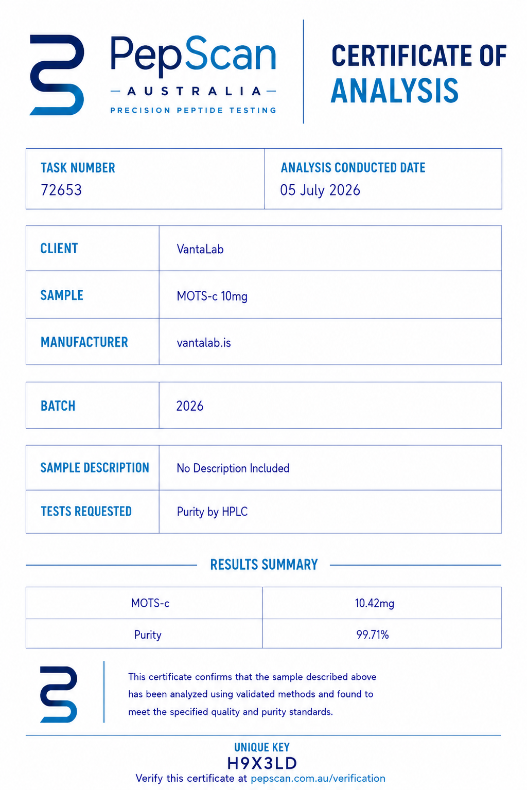 Certificate of Analysis for MOTS-c 10mg