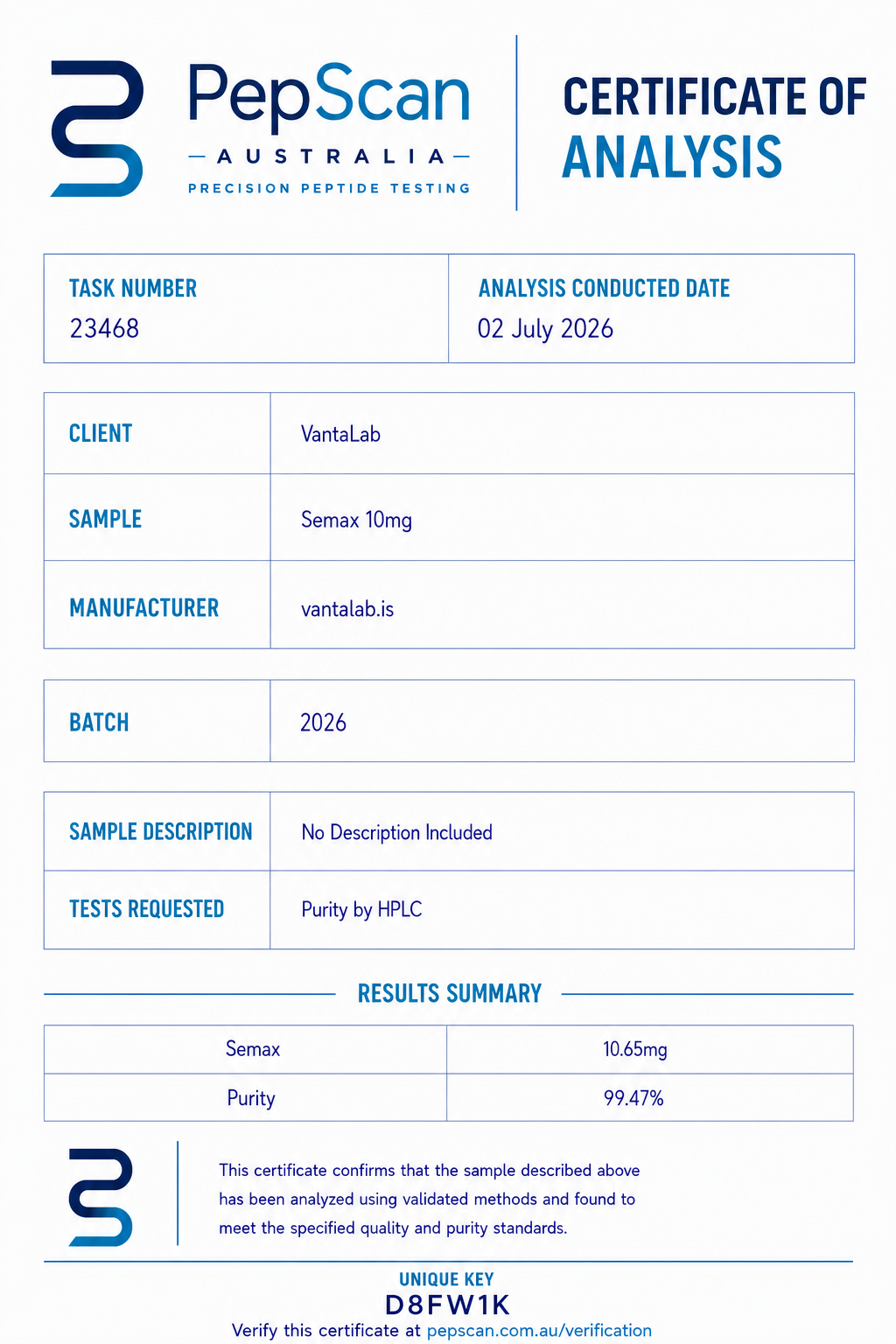 Certificate of Analysis for Semax 10mg