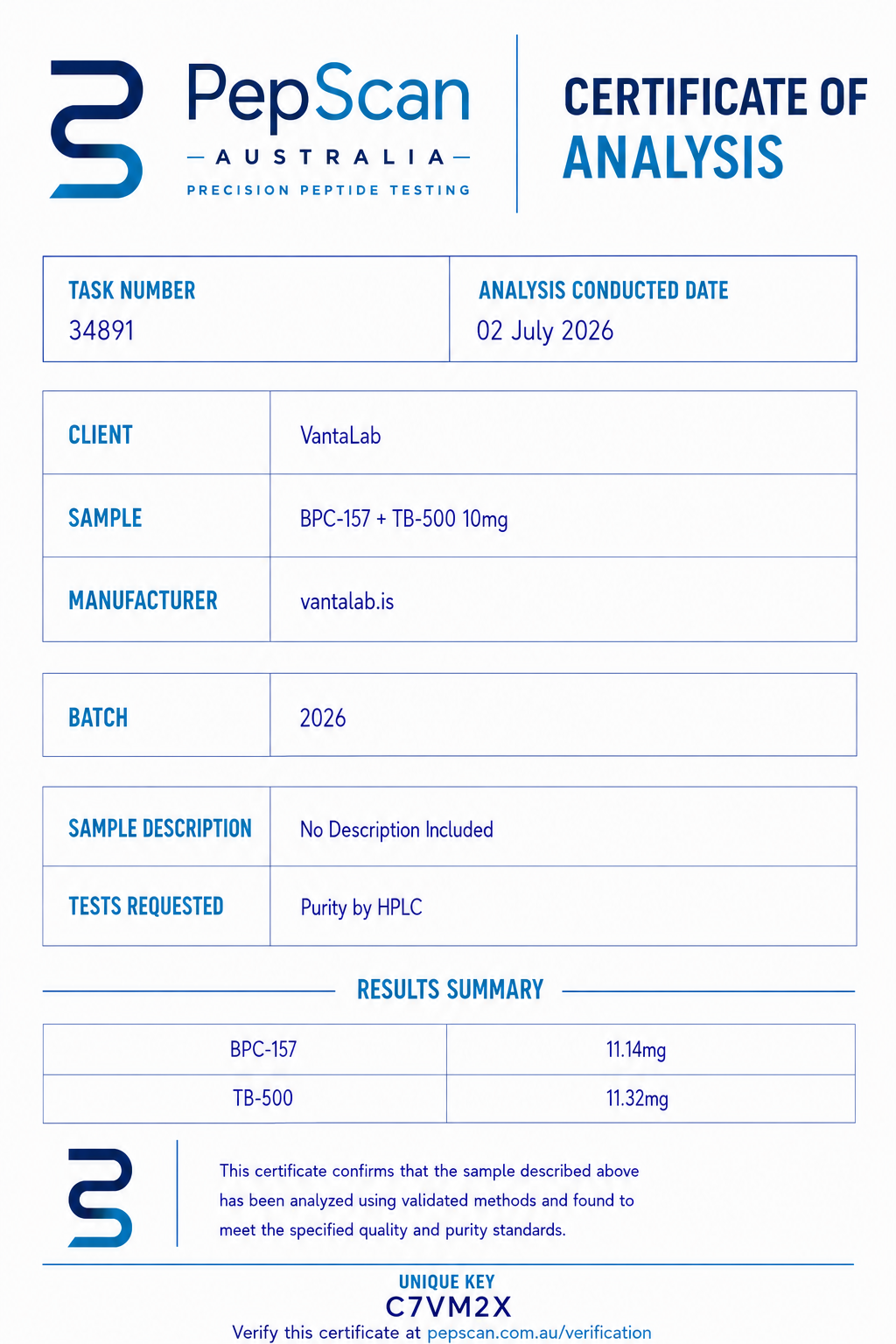 Certificate of Analysis for BPC-157 + TB-500 Blend 10mg