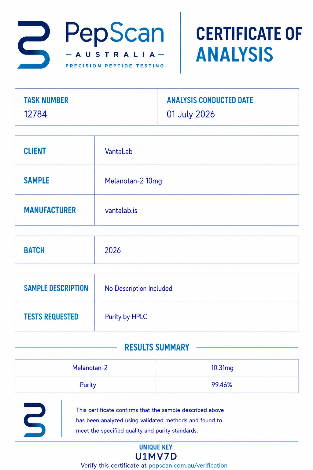 Certificate of Analysis for Melanotan-2 10mg