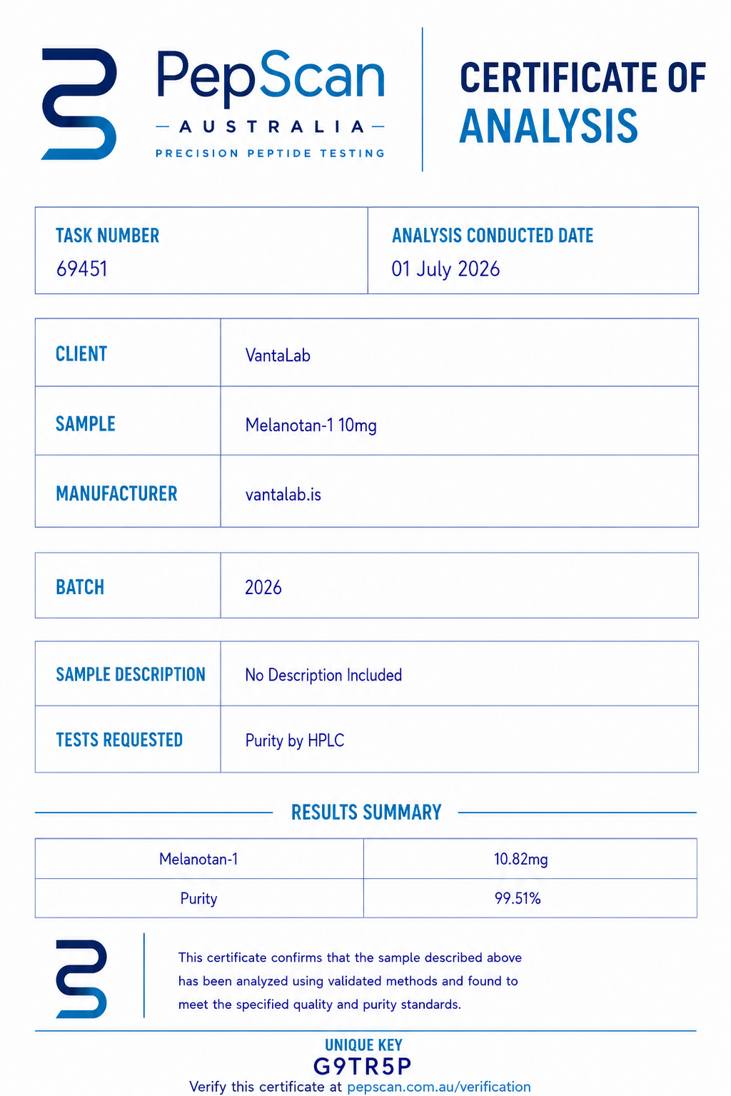 Certificate of Analysis for Melanotan-1 10mg