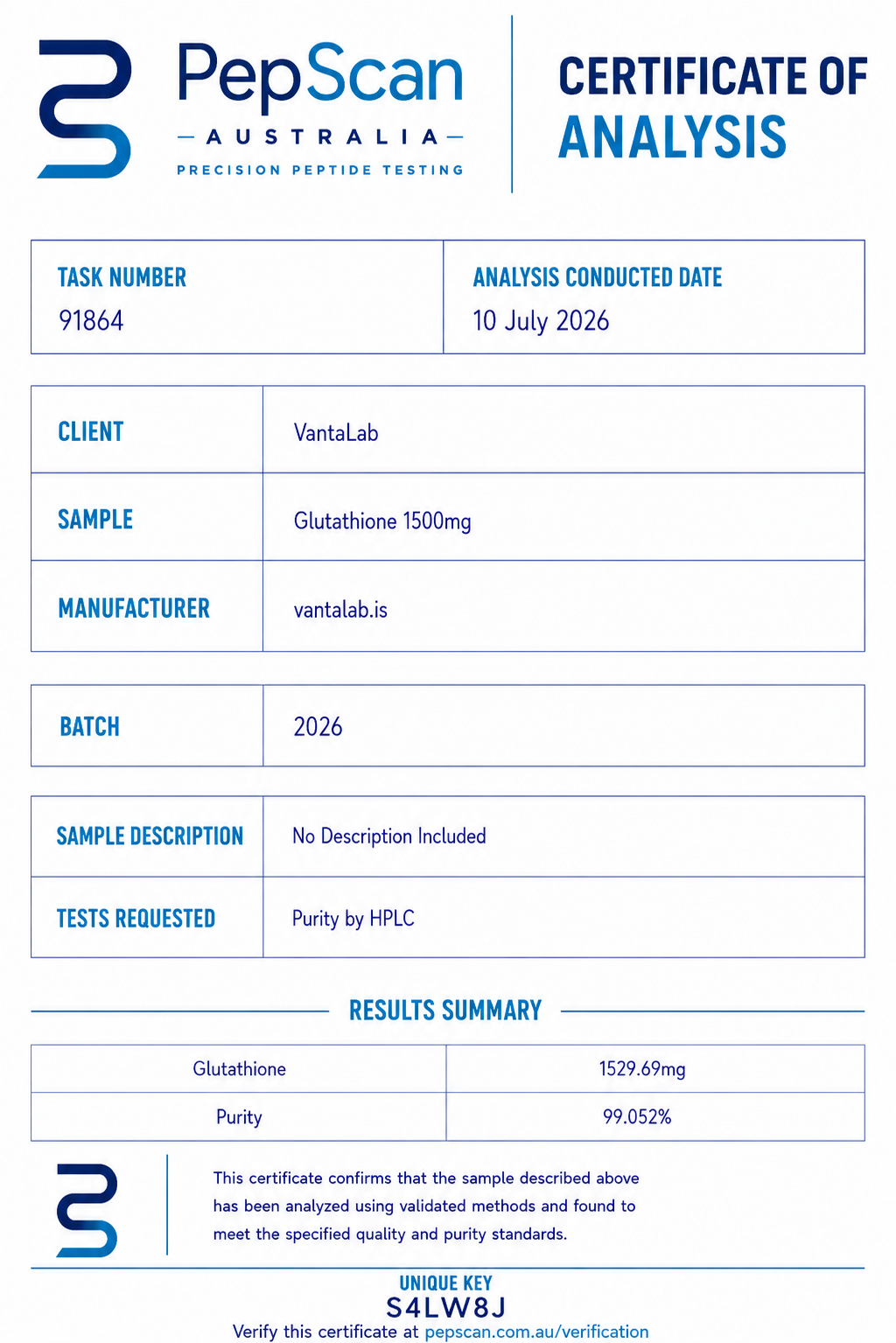 Certificate of Analysis for Glutathione 1500mg