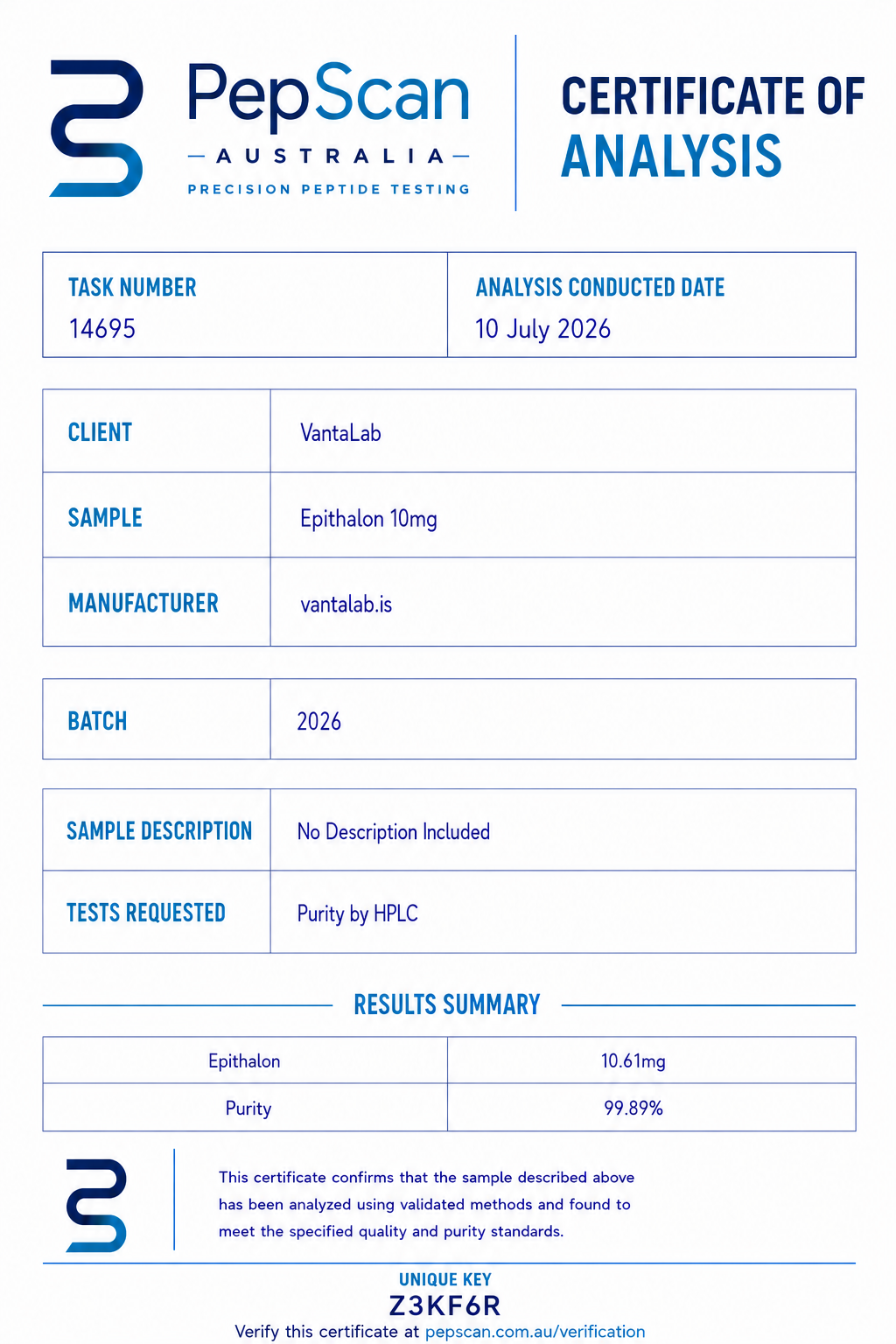 Certificate of Analysis for Epithalon 10mg